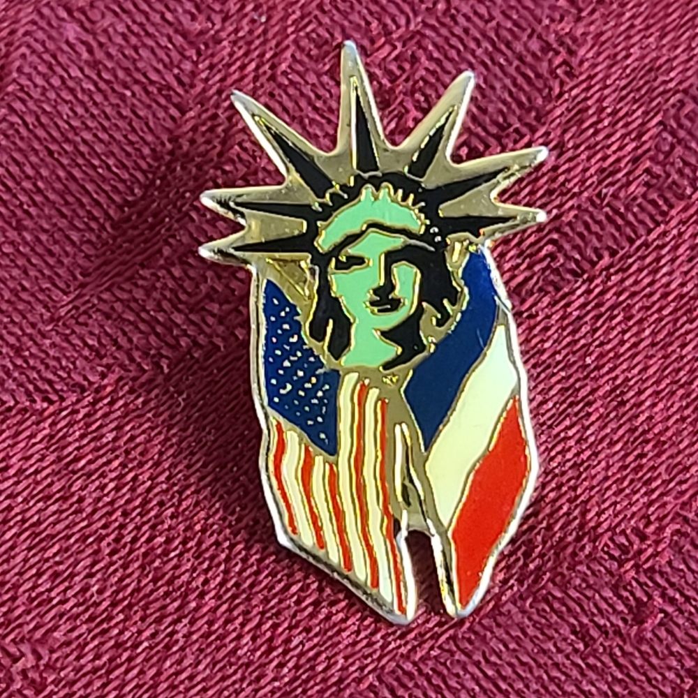 Lady Liberty between American and French Flags Pin